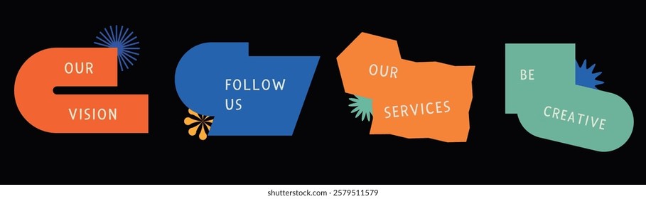 Colorful abstract shapes with text: 'Our Vision', 'Follow Us', 'Our Services', 'Be Creative'. Bold colors and creative design highlight vision and services. Business illustrations, isolated vectors.