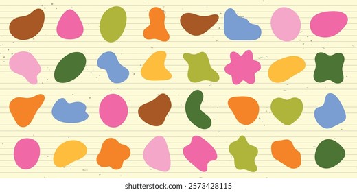 Colorful abstract shapes in various colors like pink, green, and brown. Abstract shapes in different sizes. Bright and playful abstract shapes. Colorful shapes, vector element set.
