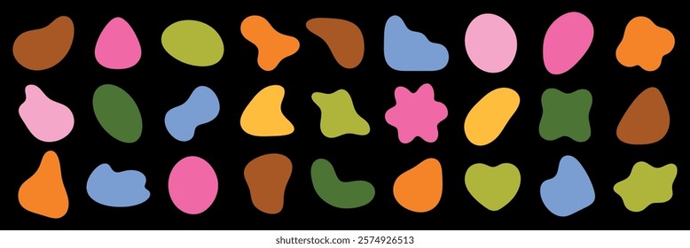 Colorful abstract shapes in various colors like pink, green, and orange. Abstract shapes arranged in a pattern. Vibrant abstract shapes on a dark background. Colorful shapes, vector element set.