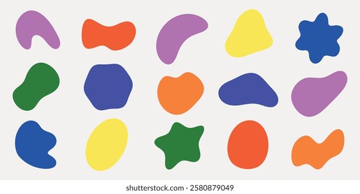 Colorful abstract shapes in various colors like pink, orange, and green. Abstract shapes are vibrant and diverse, creating a playful and artistic pattern. Colorful shapes, vector element set.
