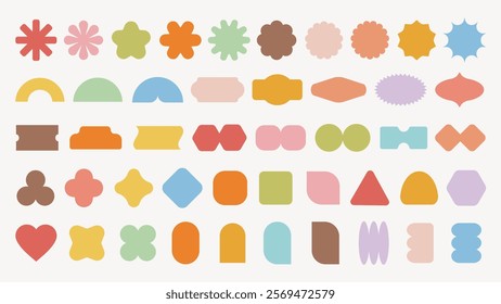 Colorful abstract shapes in various forms and colors. Shapes include circles, triangles, and stars. Bright shapes in orange, pink, blue, and green. Pastel elements, vector set.