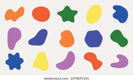 Colorful abstract shapes in various forms and bright colors. Abstract shapes include stars, blobs, and ovals in vibrant hues. Playful and artistic shapes. Colorful shapes, vector element set.