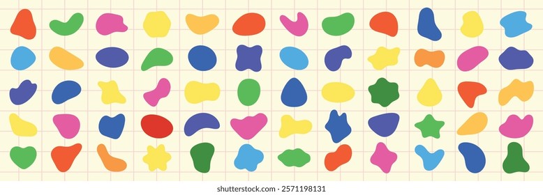 Colorful abstract shapes in various forms and sizes. Bright shapes in red, blue, yellow, and green. Abstract shapes create a playful, vibrant pattern. Colorful shapes, vector element set.