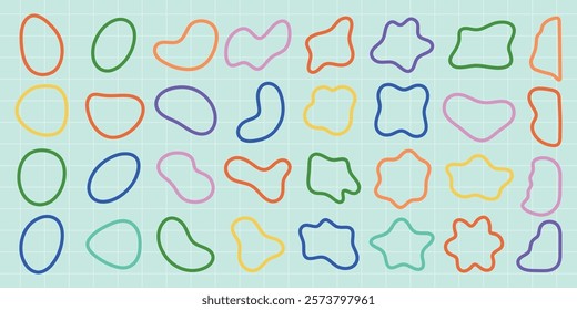 Colorful abstract shapes in various forms and colors on a grid background. Shapes include circles, stars, and blobs in red, green, blue, and yellow. Colorful shapes, vector element set.