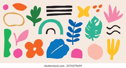 Colorful abstract shapes in various forms. Bright shapes include leaves, flowers, and geometric patterns. Abstract shapes create a vibrant, playful design. Aesthetic colorful elements, vector set.