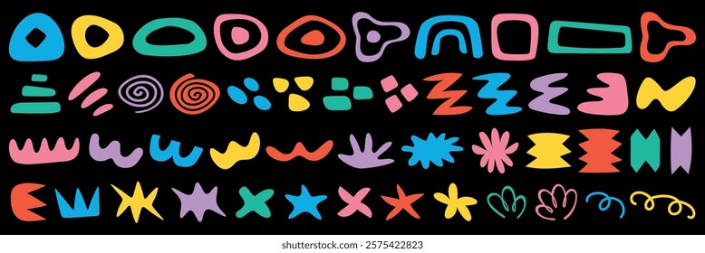 Colorful abstract shapes in various forms and colors on a black background. Abstract shapes include swirls, zigzags, and stars. Vibrant abstract design. Colorful vector set.