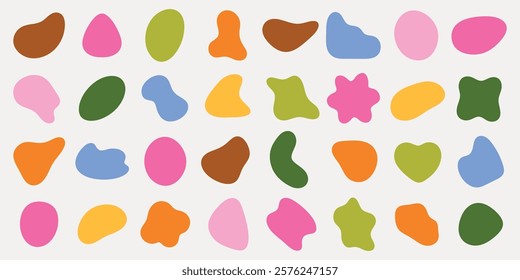 Colorful abstract shapes in various forms and colors, including pink, green, and orange. These abstract shapes create a vibrant and playful pattern. Colorful shapes, vector element set.