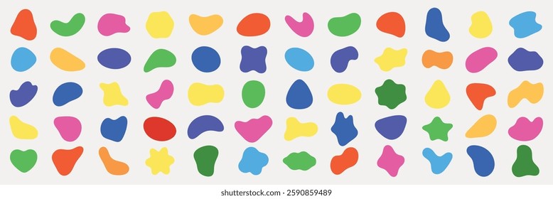 Colorful abstract shapes in various forms and sizes. Bright, playful, and vibrant shapes fill the space. Abstract shapes create a lively and dynamic pattern. Colorful shapes, vector element set.