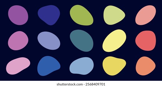 Colorful abstract shapes in various hues on a dark background. Abstract shapes in pink, blue, green, and yellow. Artistic and vibrant abstract design. Colorful shapes, vector element set.