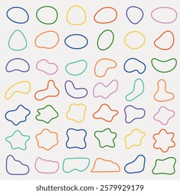 Colorful abstract shapes in various outlines. Abstract shapes in vibrant colors. Shapes include circles, stars, and blobs. Abstract and colorful design. Colorful shapes, vector element set.