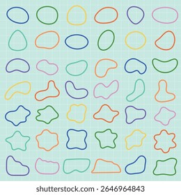 Colorful abstract shapes in various outlines on a grid background. Shapes include circles, ovals, and stars. Abstract shapes in vibrant colors. Colorful shapes, vector element set.