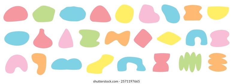 Colorful abstract shapes in various pastel colors like pink, blue, yellow, and green. Abstract shapes in soft, rounded forms. Pastel abstract shapes for design. Cute illustrations vector set.