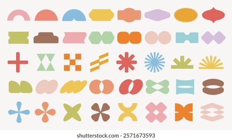 Colorful abstract shapes in various patterns. Geometric shapes, abstract forms, and colorful designs create a vibrant, playful visual display. Pastel elements, vector set.