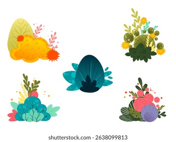 Colorful abstract shapes with various plants and flowers. The design features vibrant colors and organic forms, suitable for backgrounds or decorative elements.