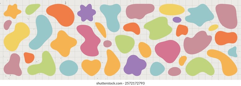 Colorful abstract shapes in various sizes and colors, including orange, blue, pink, and green, on a grid background. Abstract shapes and colors create a playful design. Colorful shapes, vector set.