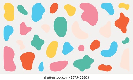 Colorful abstract shapes in various sizes and colors. Abstract shapes include blue, red, yellow, and green. Vibrant abstract shapes on a white background. Pastel shapes, vector element set.