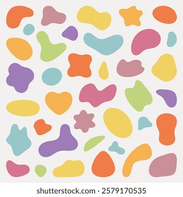 Colorful abstract shapes in various sizes and colors. Abstract shapes in orange, pink, yellow, blue, and green. Vibrant abstract shapes on a white background. Pastel shapes, vector element set.