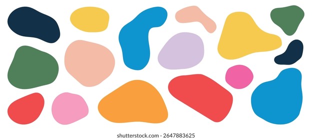 Colorful abstract shapes in various sizes and colors, including blue, pink, and yellow. Abstract shapes create a playful, vibrant, and artistic design. Cute shapes, element set.