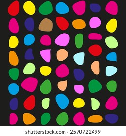 Colorful abstract shapes. Vibrant rounded forms. Multicolored spots vector. Black background contrast.