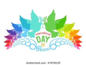 Colorful abstract silhouettes of doves with olive brunch. Illustration of international peace day, September 21. Element design for poster, greeting card. Isolated on white background.