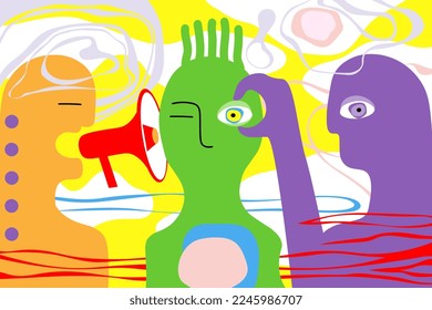 Colorful abstract silhouettes of people. Group of comical men. Communication concept. Cartoon minimalistic flat vector illustration.