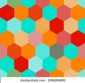 Colorful abstract simple striped hexagons geometric seamless pattern, vector