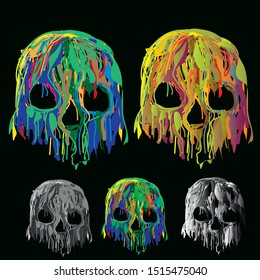 colorful abstract skull vector, paint spilling onto skulls, halloween designs for color-changing clothing, human head skeleton trends on a dark background