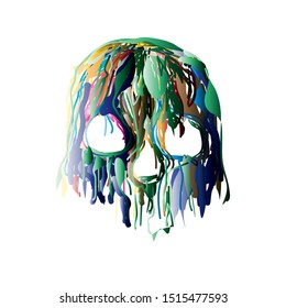colorful abstract skull vector, paint spilling onto skull, halowen design for color-changing clothes, trending human head skeleton