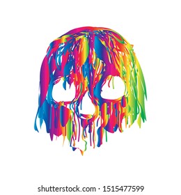 colorful abstract skull vector, paint spilling onto skull, halowen design for color-changing clothes, trending human head skeleton