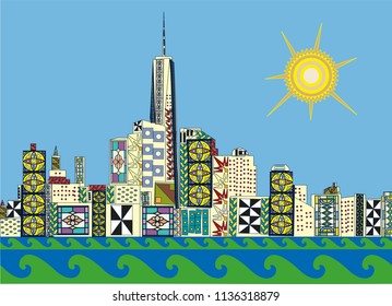 Colorful abstract skyline of New York with a big sun in the blue sky.