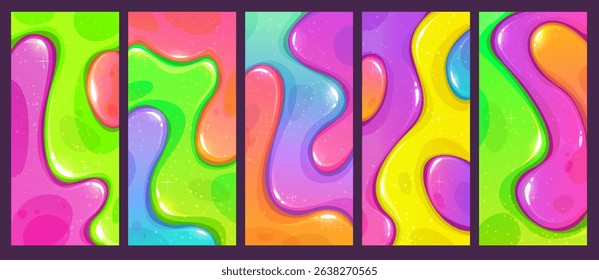 Colorful abstract slimy wave background. Glitter mixed slime texture.Bright abstract gel texture with vibrant colors and glossy liquid shapes. Colorful jelly long vertical backgrounds set.