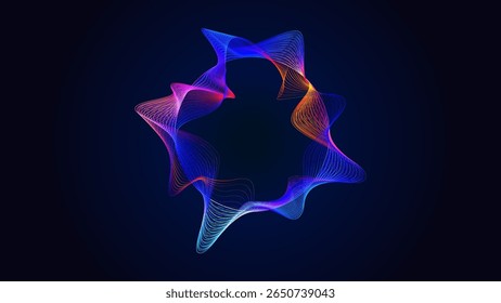 Colorful abstract soundwave forms a circular vibrant, wavy pattern, glowing on a dark background. Spectrum of colors, dynamic and energetic visualization of sound or data.