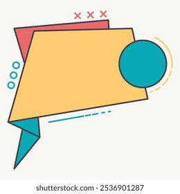 A colorful abstract speech bubble design with geometric shapes.