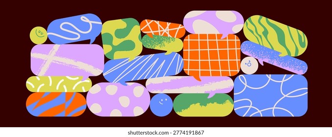 Colorful abstract speech bubbles with playful textured patterns in scribble style. Modern creative communication, chat, discussion concept. Multiple messages group. Colored flat vector illustration
