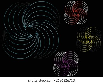 Patrón espiral abstracto colorido en el fondo negro, diseño geométrico del remolino del neón con líneas curvas brillantes, arte circular moderno de la línea con las espirales vibrantes del gradiente