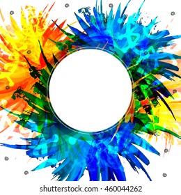 Fondo de dispersión abstracta colorida con marco en blanco, ilustración vectorial.