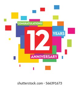 Colorful Abstract Square 12 Years Anniversary Vector Design for Kids, Family, Shop, Business, Company, and Various Event