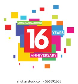 Colorful Abstract Square 16 Years Anniversary Vector Design for Kids, Family, Shop, Business, Company, and Various Event