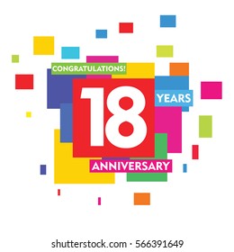 Colorful Abstract Square 18 Years Anniversary Vector Design for Kids, Family, Shop, Business, Company, and Various Event