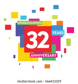 Colorful Abstract Square 32 Years Anniversary Vector Design for Kids, Family, Shop, Business, Company, and Various Event