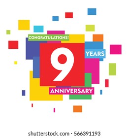 Colorful Abstract Square 9 Years Anniversary Vector Design for Kids, Family, Shop, Business, Company, and Various Event