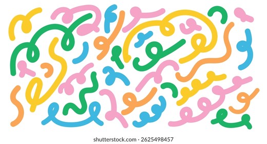 Colorful abstract squiggle lines in playful doodle style. Hand drawn vector illustration with curved shapes. Fun decorative elements isolated on white background.