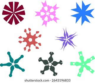 Colorful Abstract Star Flower Vector Shapes Set, Playful Geometric Bloom Graphic Elements, Variety of Abstract Decorative Vector Shapes