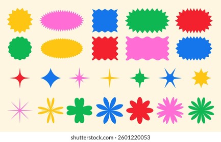 Colorful abstract star and geometric shape collection, vector design elements, retro aesthetic, vintage badge, vibrant graphic elements, abstract floral shapes, digital sticker set