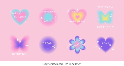 Colorful abstract stickers in y2k style. Retro vintage elements with aura gradient. Blurry butterfly, flower, heart, love illustration with text. Vector