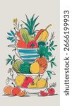 Colorful Abstract Still Life Featuring Flowers and Fruit with Vases