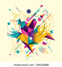 Colorful abstract style composition with group of various objects and shapes. Vector illustration.