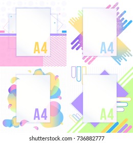Colorful Abstract Style Presentation Background Design Set. A4 Paper Fyer Mockup Template. Trendy Elements with Multicolored Shapes Collection