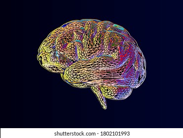 Colorful abstract stylized 3D triangular wireframe constructed human brain vector illustration isolated glowing on black background