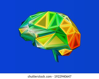 Colorido abstracto estilizado triangular símbolo de cerebro humano poligonal mínimo cubismo tipo ilustración vectorial aislado en fondo azul saturado